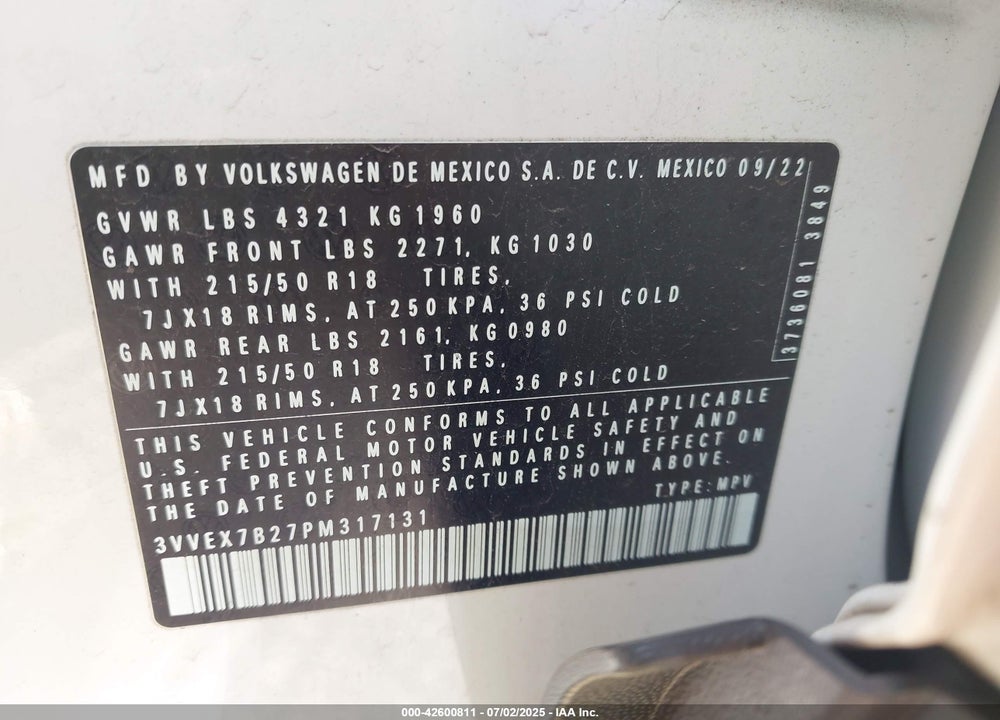 2023 VOLKSWAGEN TAOS VIN: 3VVEX7B27PM317131