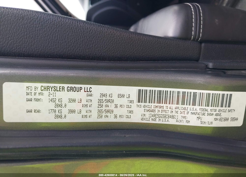 2011 DODGE DURANGO VIN: 1D4RE5GG5BC648611