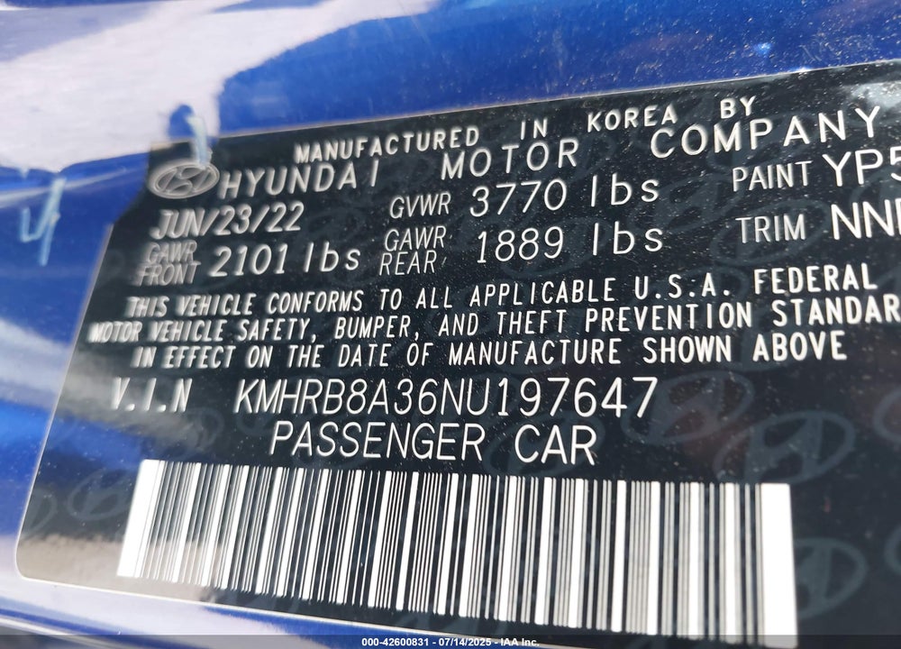 2022 HYUNDAI VENUE VIN: KMHRB8A36NU197647