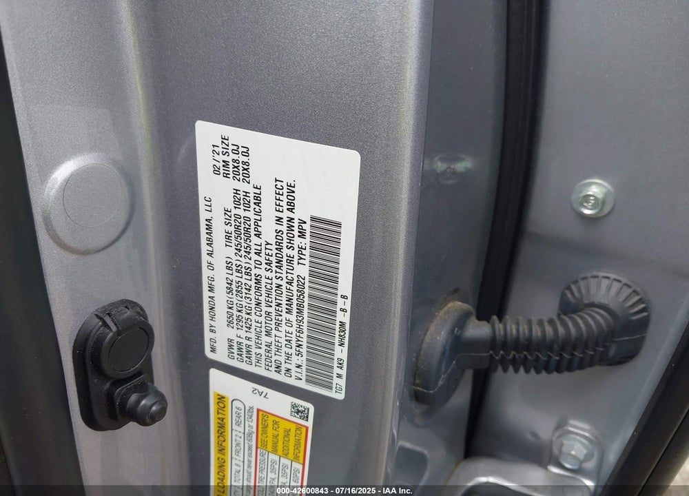 2021 HONDA PILOT VIN: 5FNYF6H93MB058022