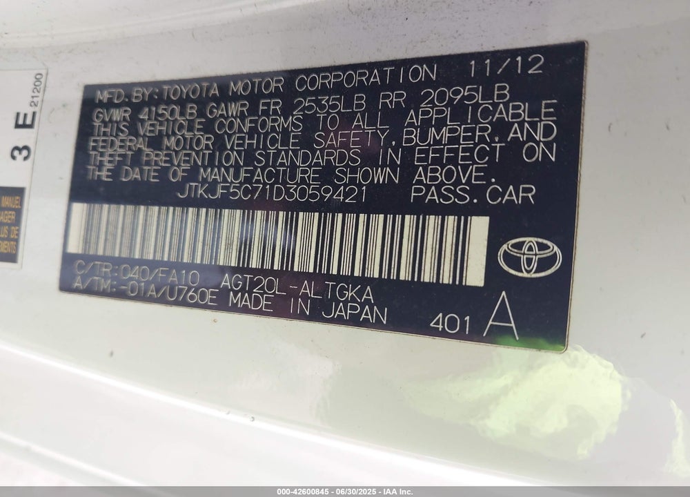 2013 SCION TC VIN: JTKJF5C71D3059421