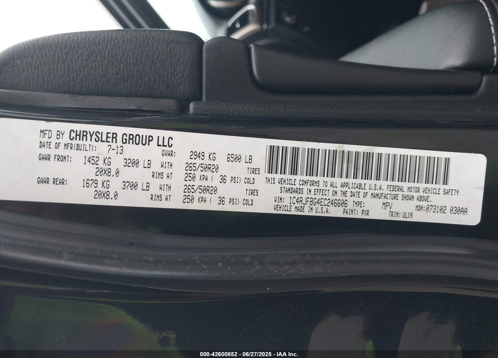 2014 JEEP GRAND CHEROKEE VIN: 1C4RJFBG4EC246606