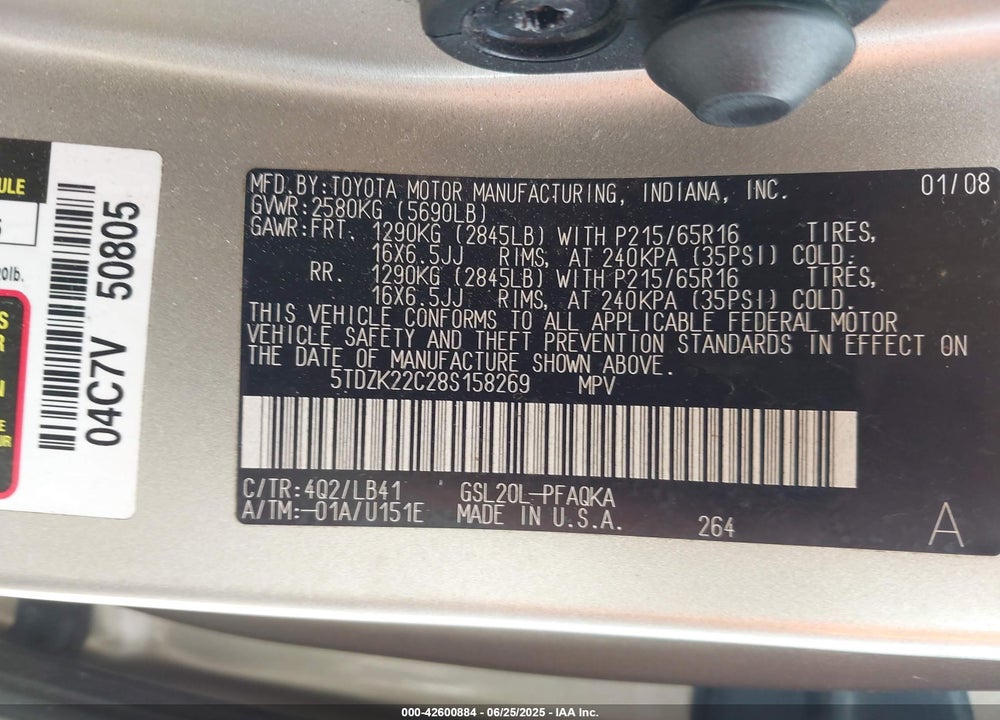 2008 TOYOTA SIENNA VIN: 5TDZK22C28S158269