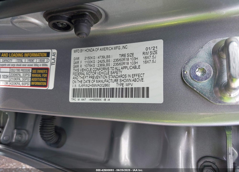 2021 HONDA CR-V VIN: 5J6RW2H59MA002860