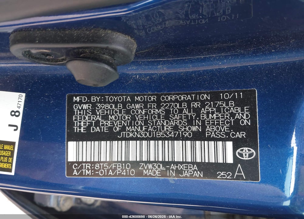 2011 TOYOTA PRIUS VIN: JTDKN3DU1B5347190