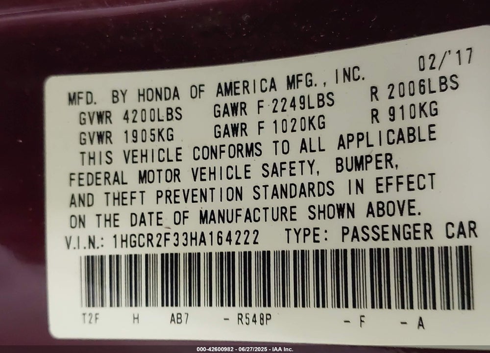 2017 HONDA ACCORD VIN: 1HGCR2F33HA164222