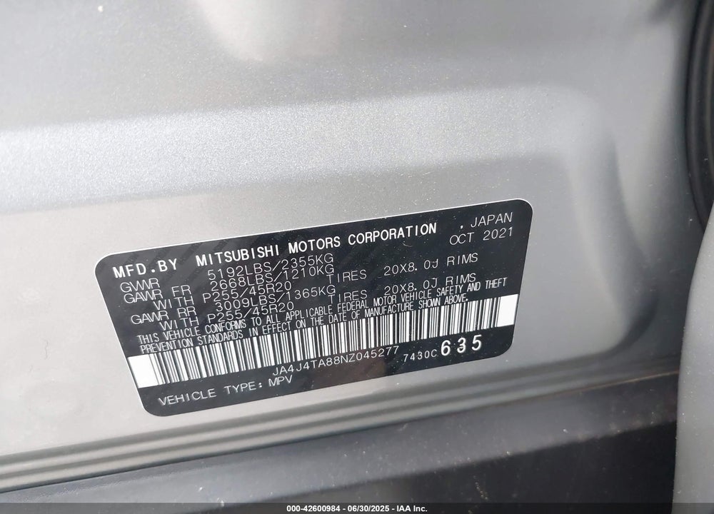 2022 MITSUBISHI OUTLANDER VIN: JA4J4TA88NZ045277