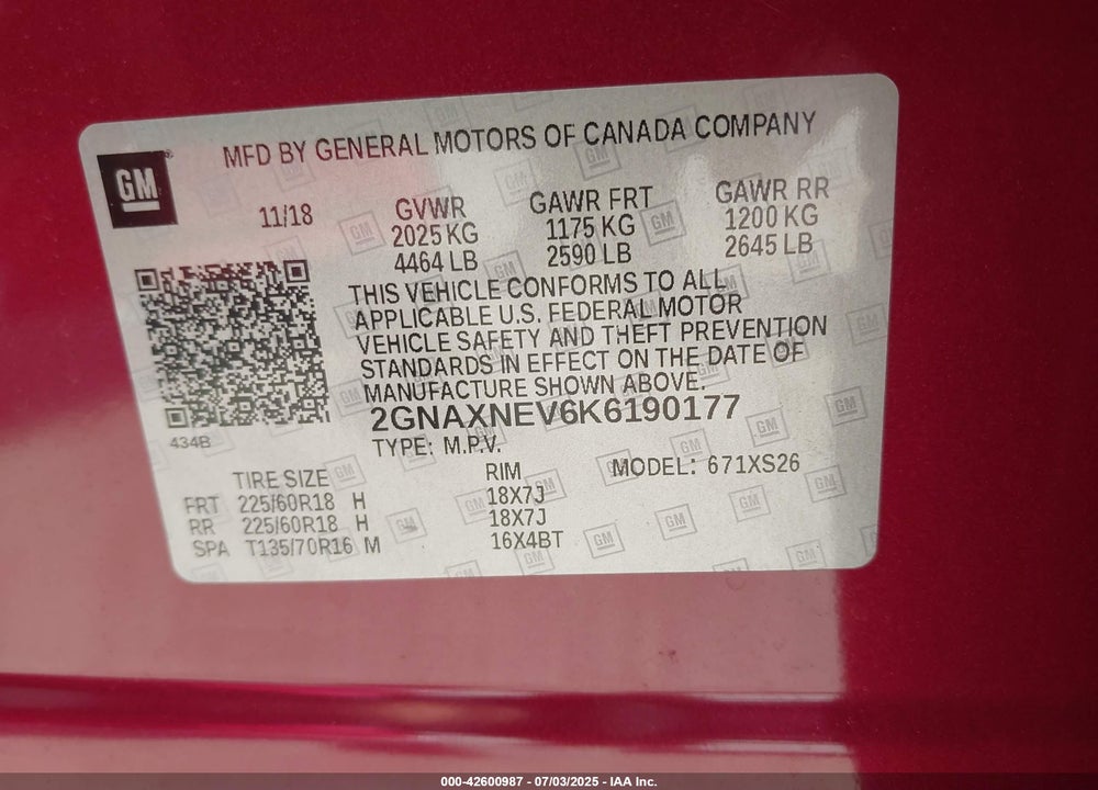 2019 CHEVROLET EQUINOX VIN: 2GNAXNEV6K6190177