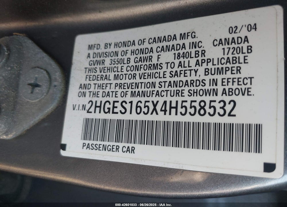 2004 HONDA CIVIC LX VIN: 2HGES165X4H558532