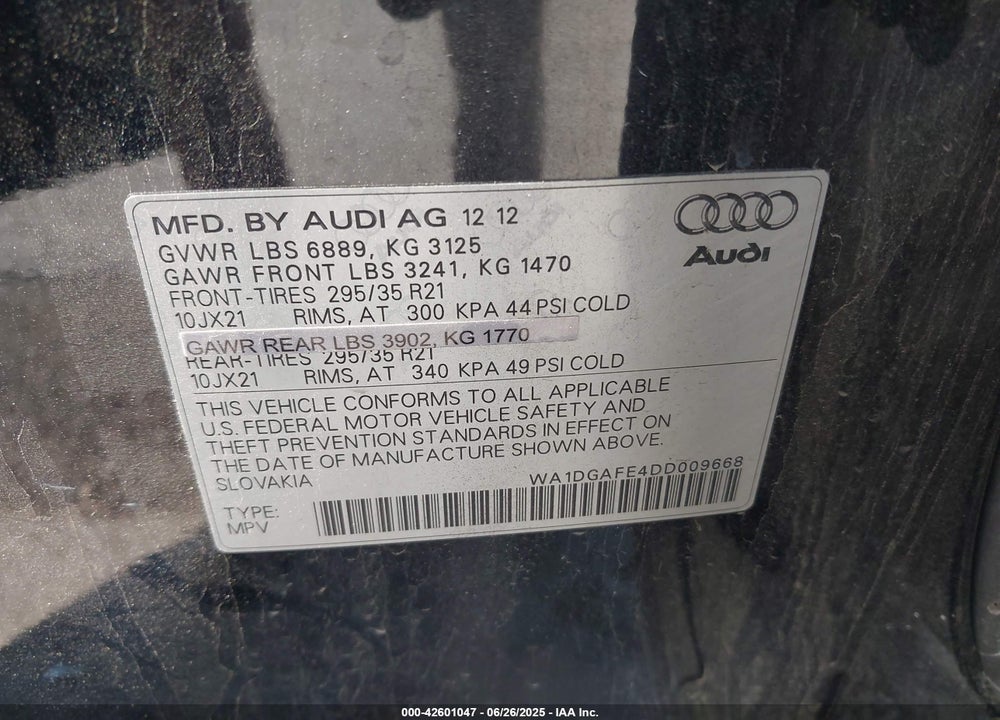 2013 AUDI Q7 3.0T S LINE PRESTIGE VIN: WA1DGAFE4DD009668