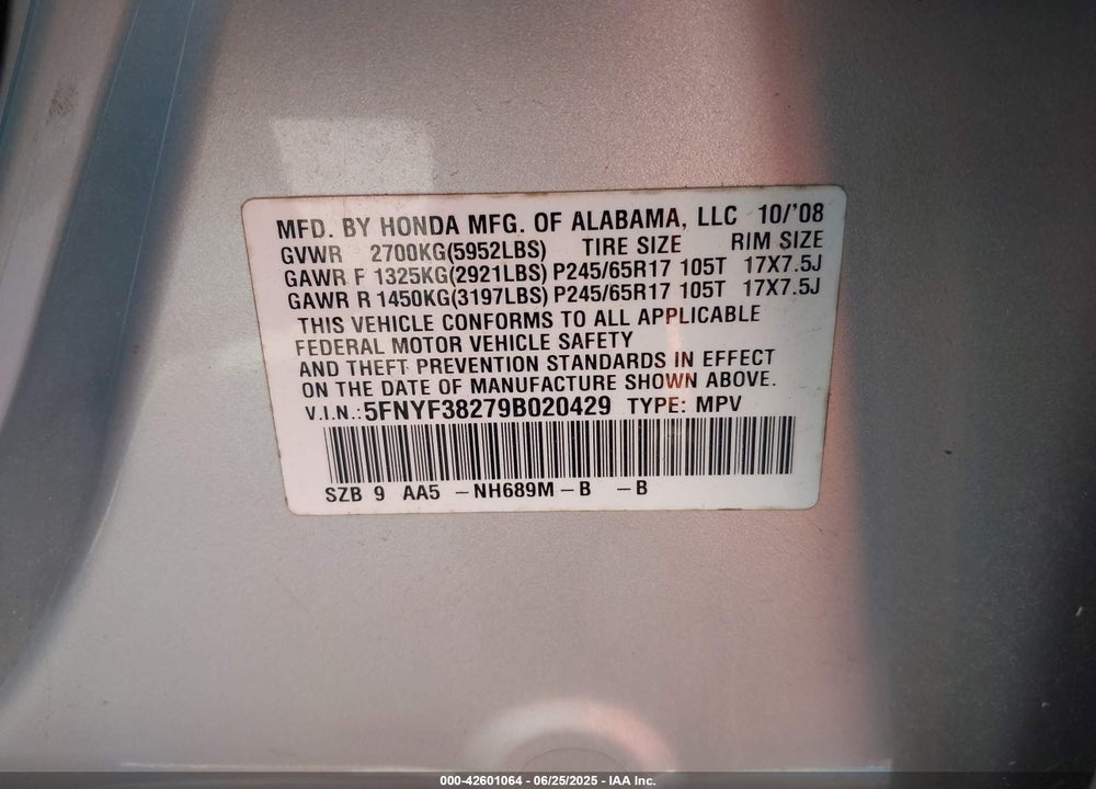 2009 HONDA PILOT VIN: 5FNYF38279B020429