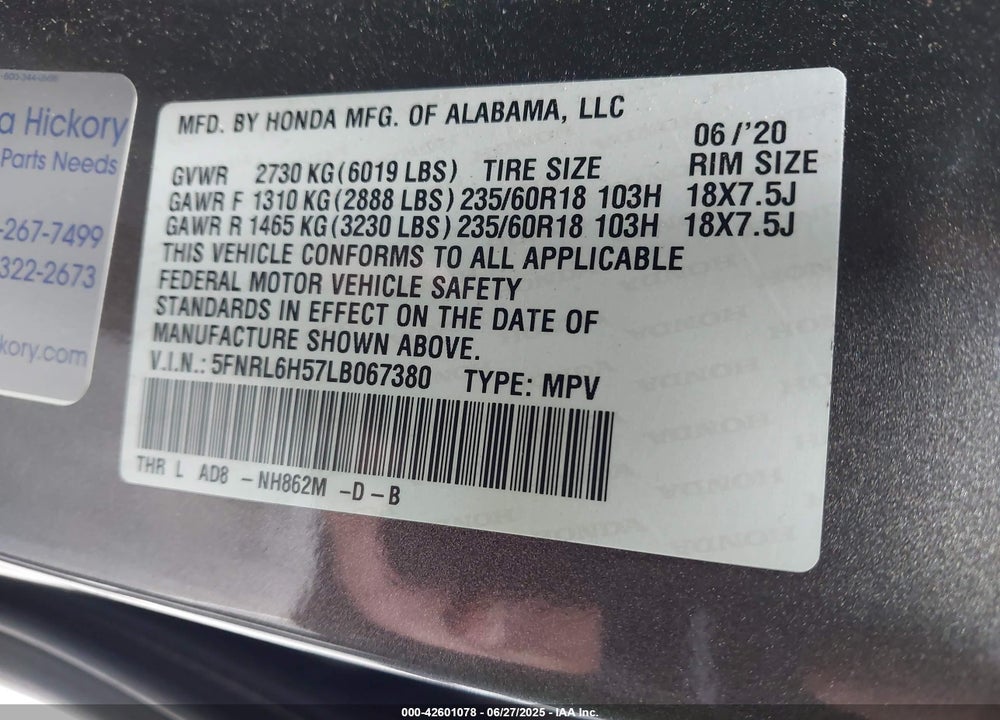 2020 HONDA ODYSSEY EX VIN: 5FNRL6H57LB067380