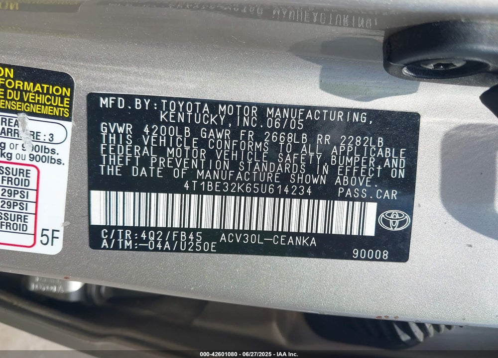 2005 TOYOTA CAMRY LE VIN: 4T1BE32K65U614234