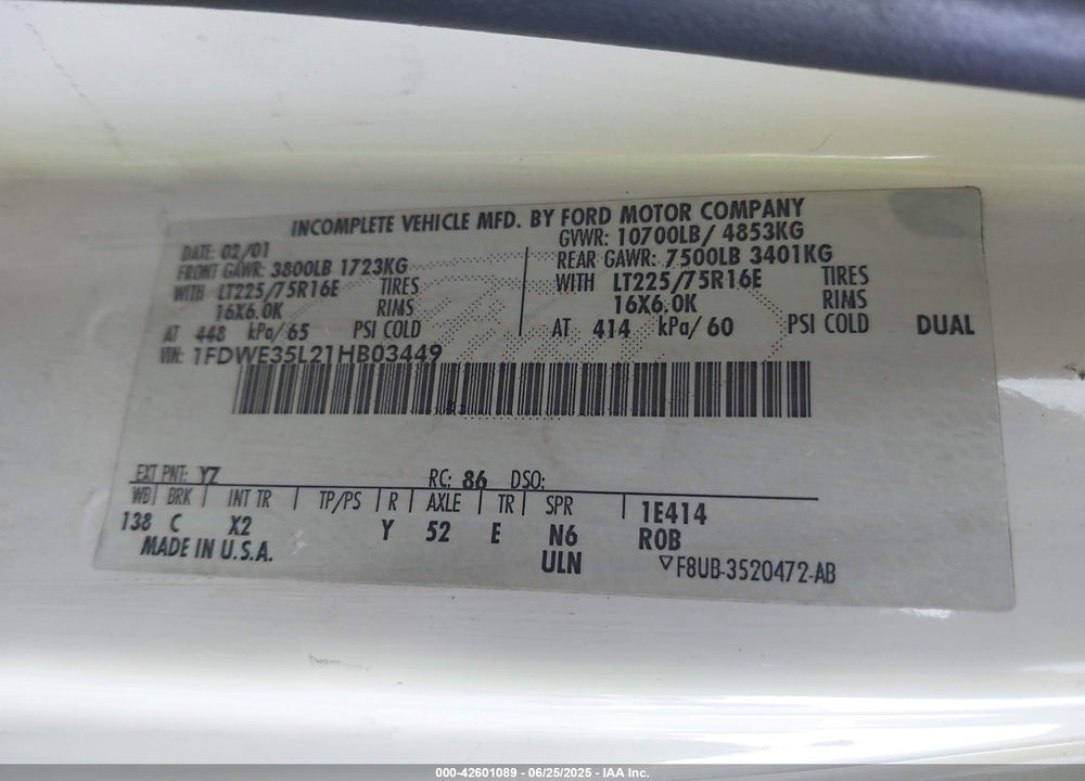 2001 FORD E-350 CUTAWAY STANDARD VIN: 1FDWE35L21HB03449