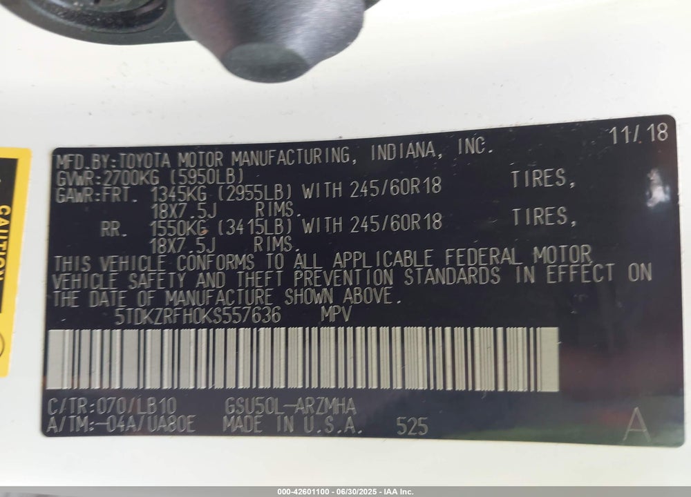 2019 TOYOTA HIGHLANDER VIN: 5TDKZRFH0KS557636