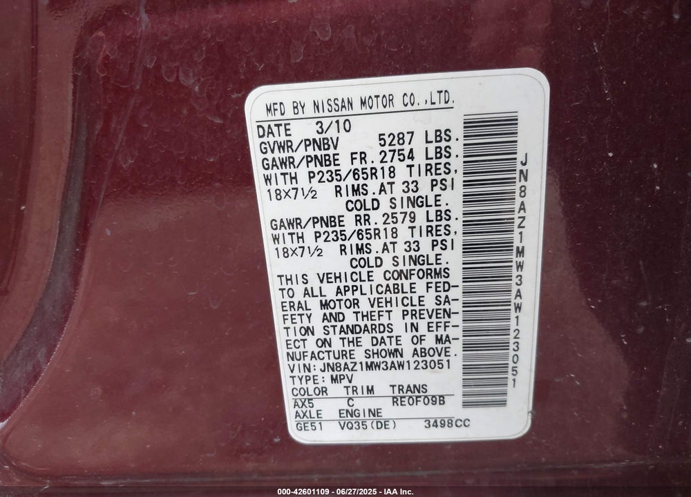 2010 NISSAN MURANO VIN: JN8AZ1MW3AW123051