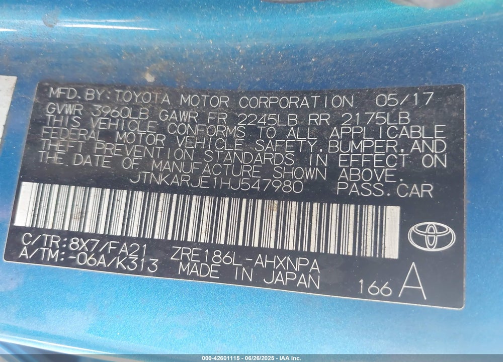 2017 TOYOTA COROLLA IM VIN: JTNKARJE1HJ547980
