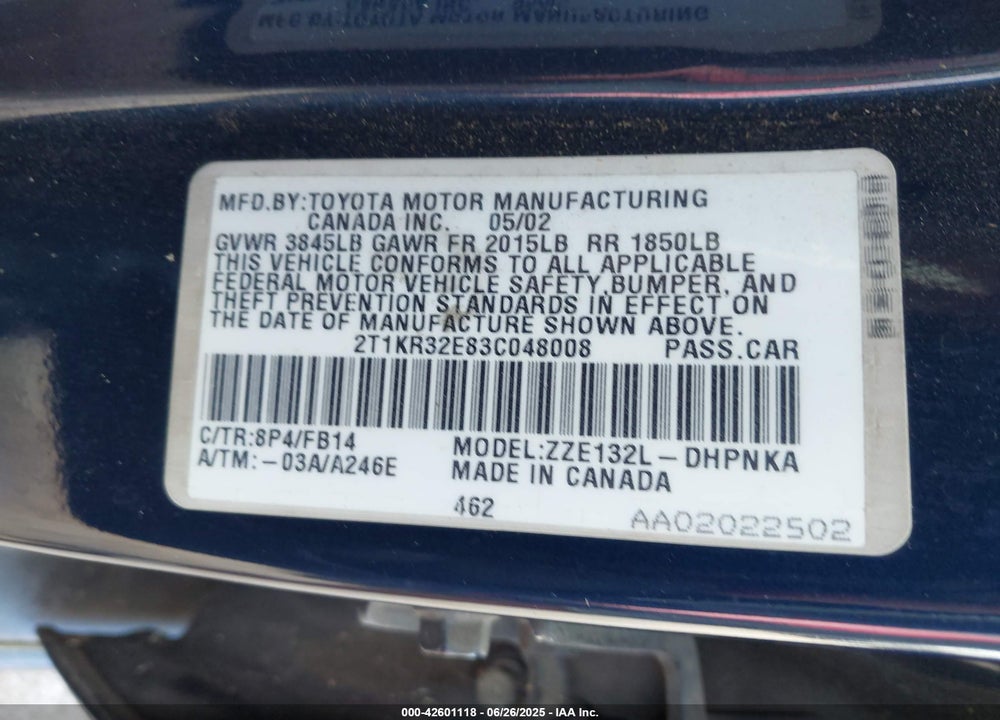 2003 TOYOTA MATRIX/XR VIN: 2T1KR32E83C048008