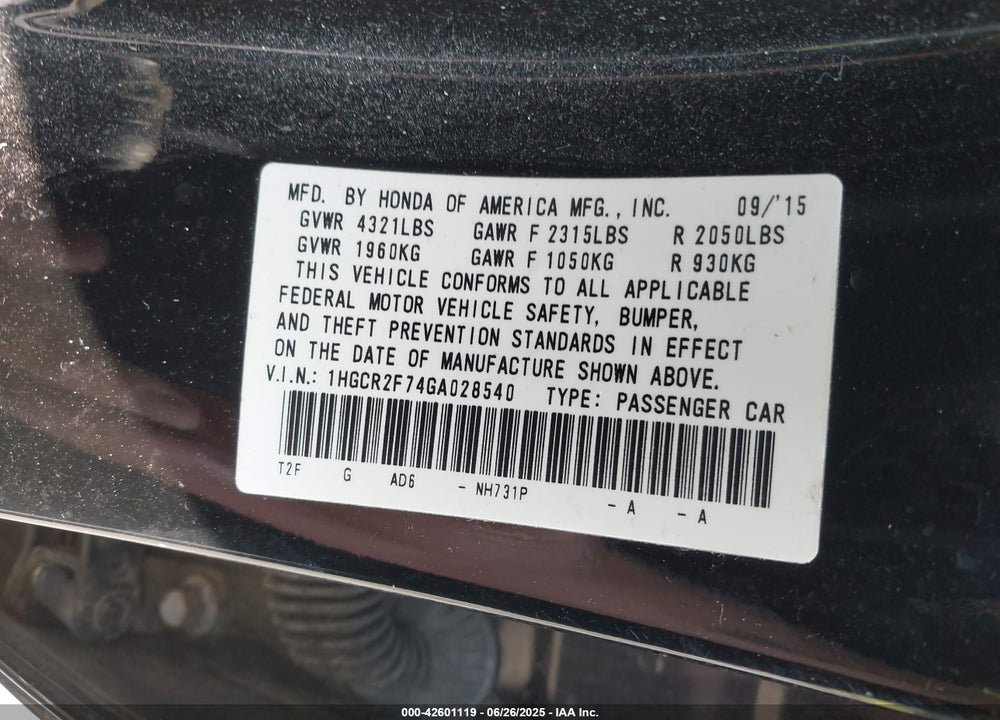 2016 HONDA ACCORD VIN: 1HGCR2F74GA028540