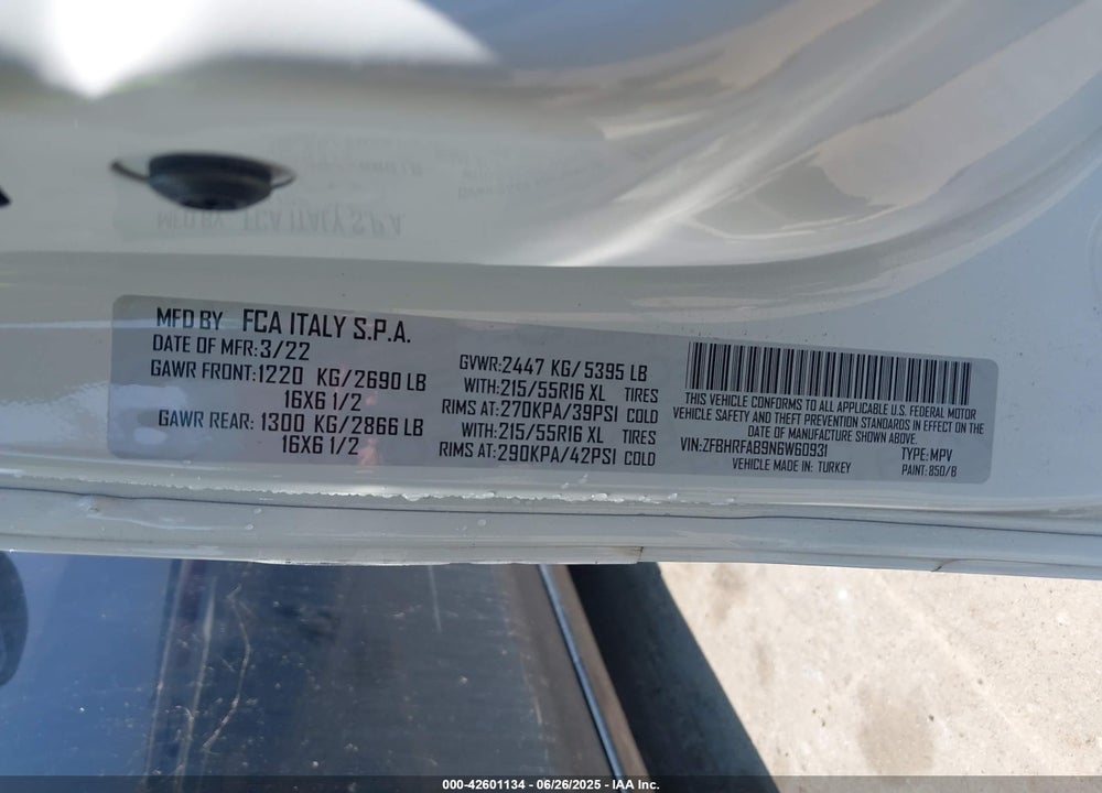 2022 RAM PROMASTER CITY CARGO VAN VIN: ZFBHRFAB9N6W60931