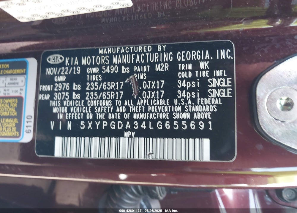 2020 KIA SORENTO VIN: 5XYPGDA34LG655691