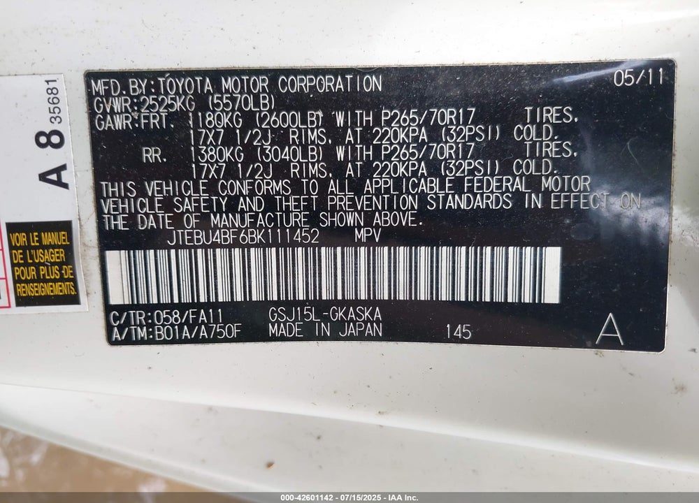 2011 TOYOTA FJ CRUISER VIN: JTEBU4BF6BK111452