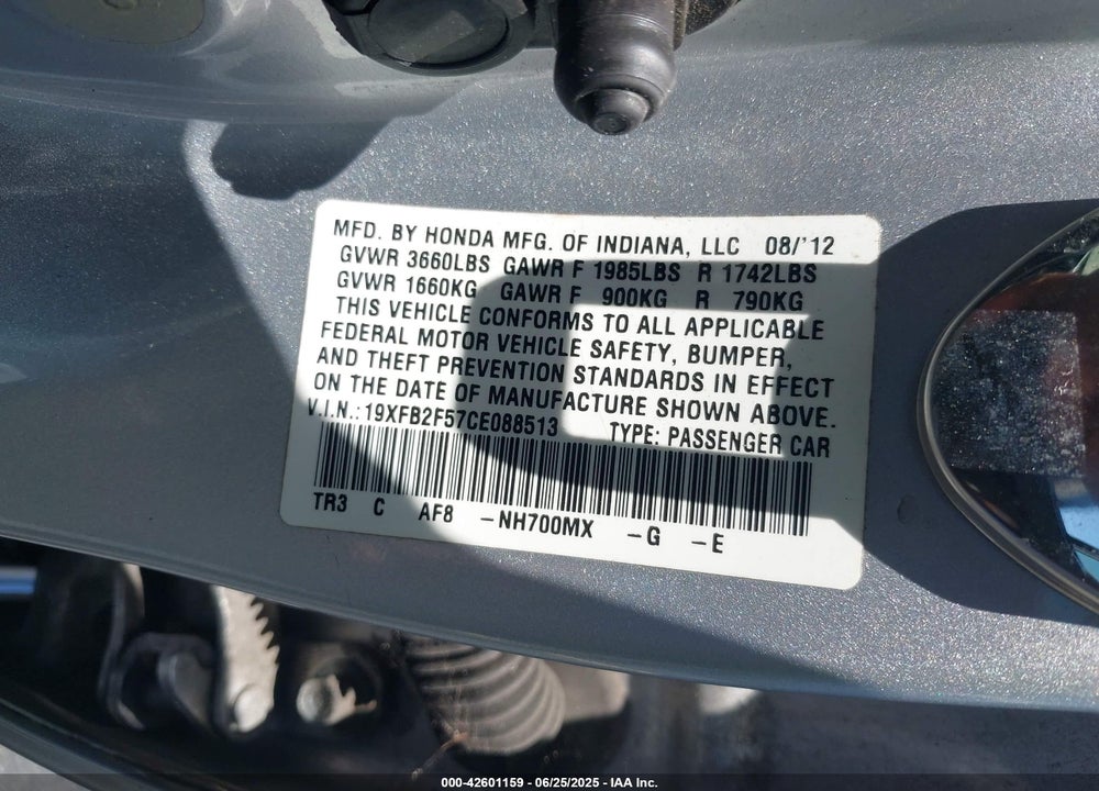 2012 HONDA CIVIC VIN: 19XFB2F57CE088513
