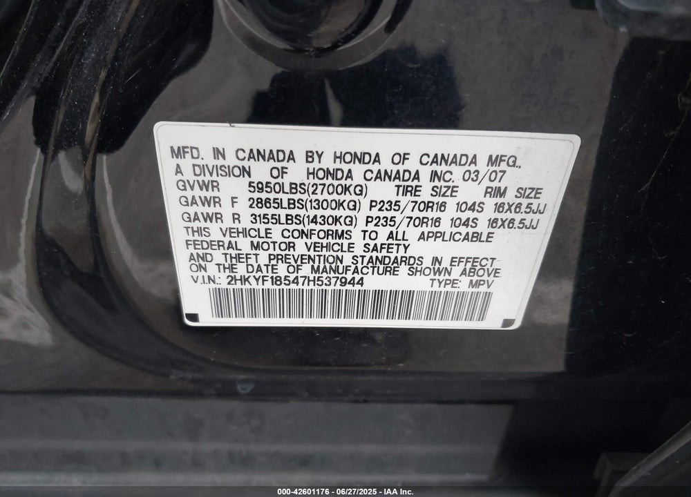 2007 HONDA PILOT VIN: 2HKYF18547H537944