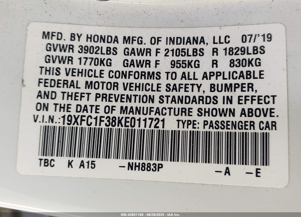 2019 HONDA CIVIC VIN: 19XFC1F38KE011721