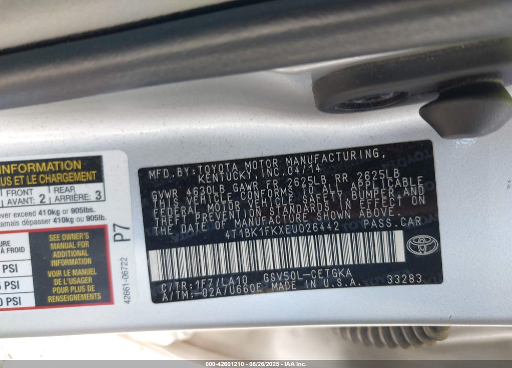 2014 TOYOTA CAMRY VIN: 4T1BK1FKXEU026442