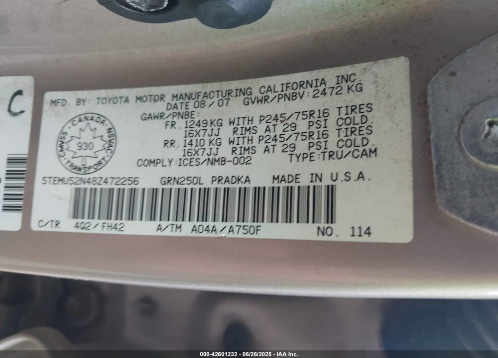 2008 TOYOTA TACOMA VIN: 5TEMU52N48Z472256