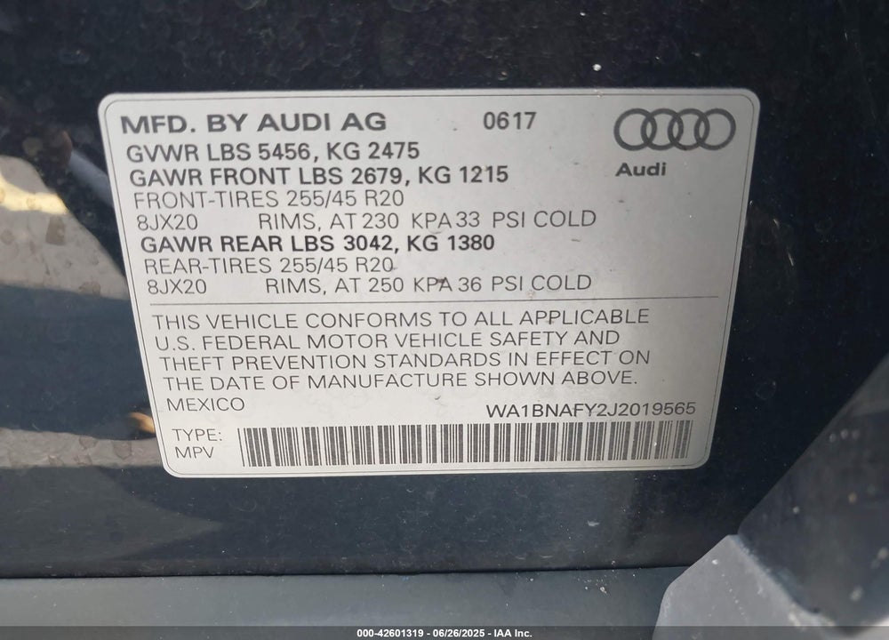2018 AUDI Q5 VIN: WA1BNAFY2J2019565