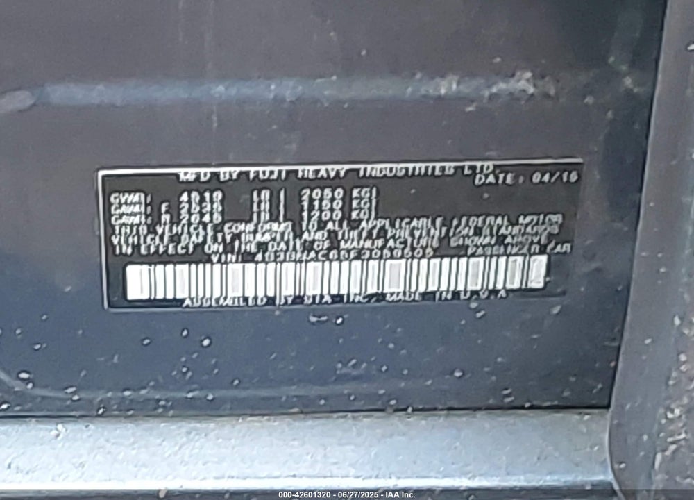 2015 SUBARU LEGACY VIN: 4S3BNAC65F3059505