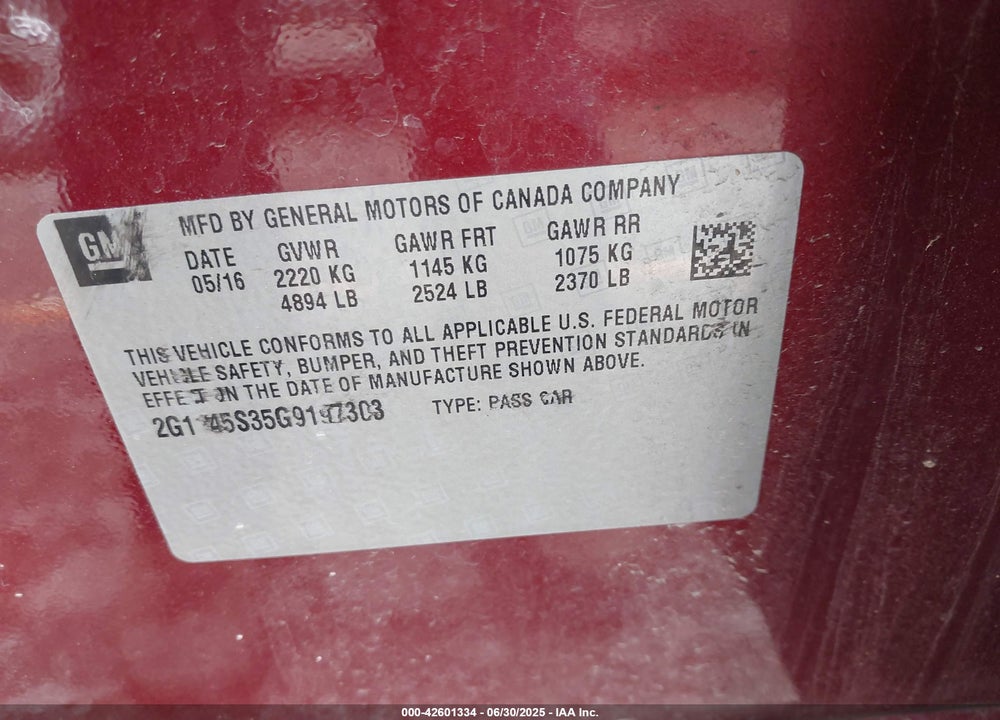 2016 CHEVROLET IMPALA VIN: 2G1145S35G9197303