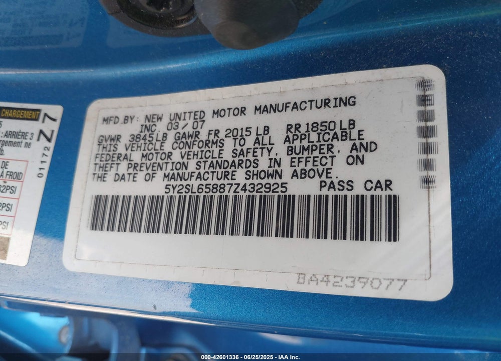 2007 PONTIAC VIBE VIN: 5Y2SL65887Z432925