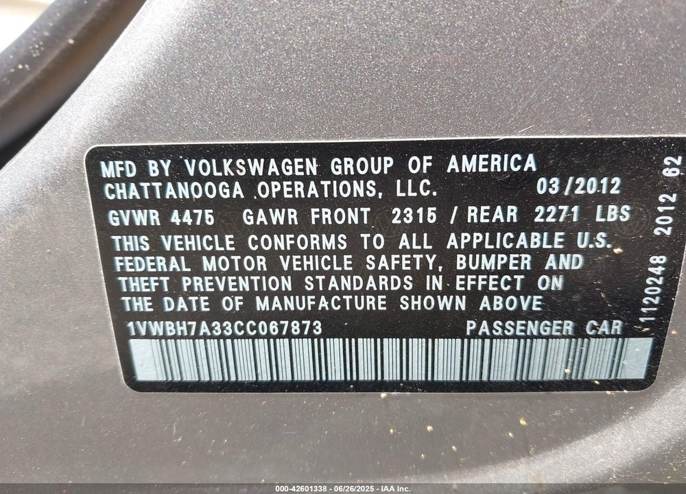 2012 VOLKSWAGEN PASSAT VIN: 1VWBH7A33CC067873