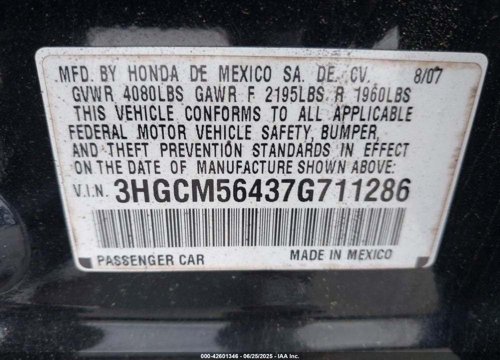 2007 HONDA ACCORD VIN: 3HGCM56437G711286