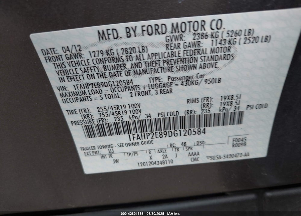 2013 FORD TAURUS SEL VIN: 1FAHP2E89DG120584