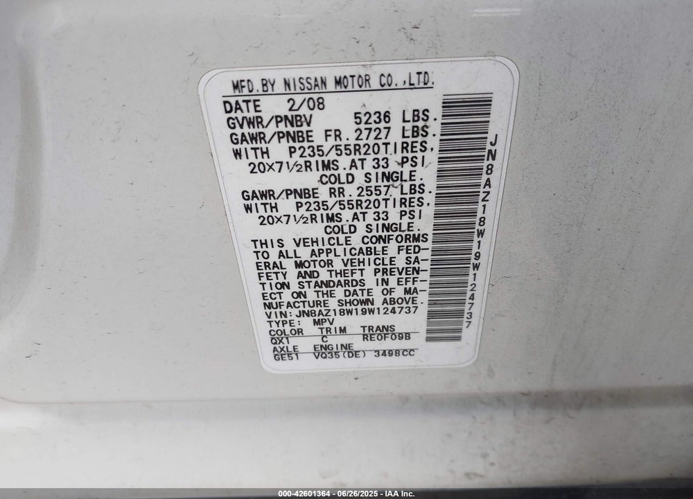 2009 NISSAN MURANO LE VIN: JN8AZ18W19W124737