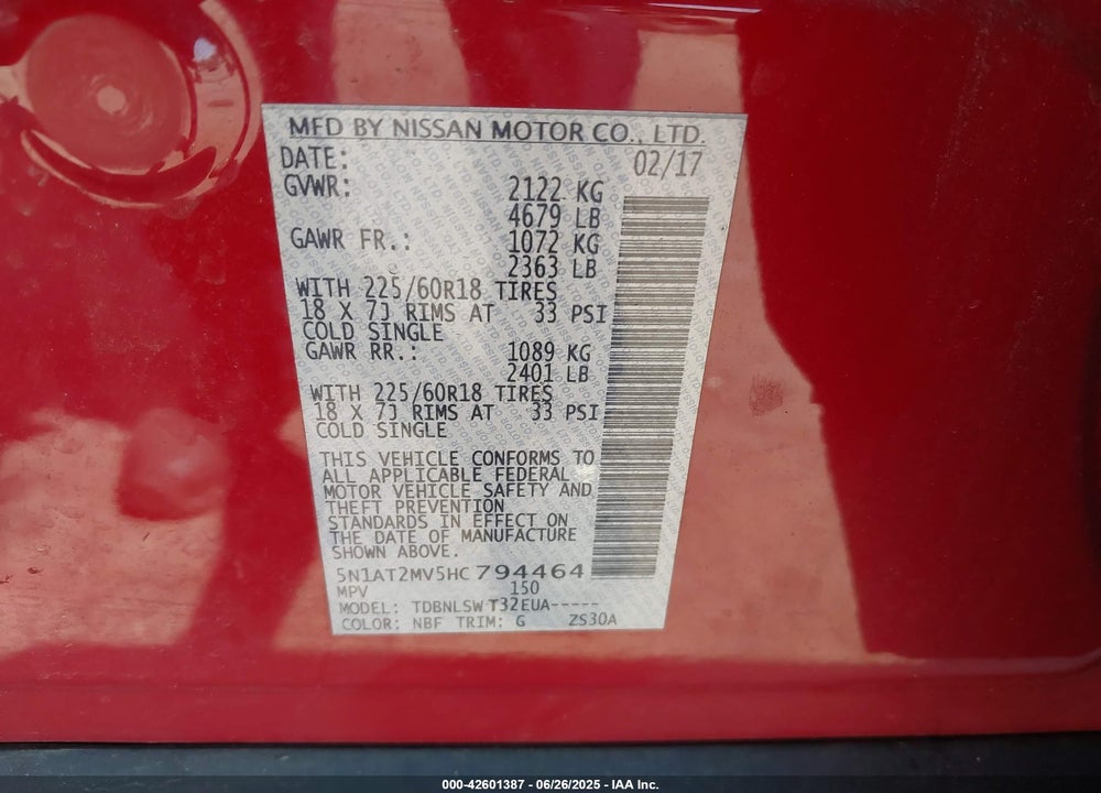 2017 NISSAN ROGUE VIN: 5N1AT2MV5HC794464