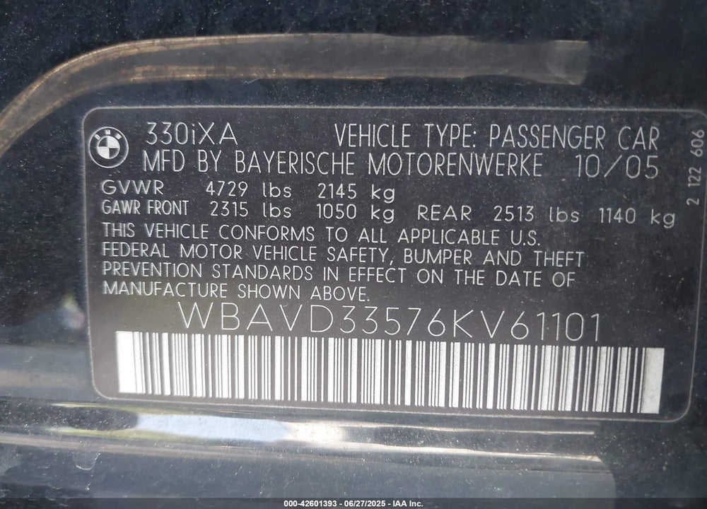 2006 BMW 330XI VIN: WBAVD33576KV61101