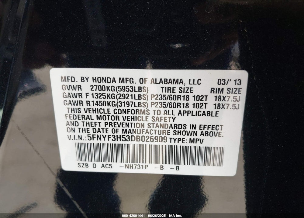 2013 HONDA PILOT VIN: 5FNYF3H53DB026909