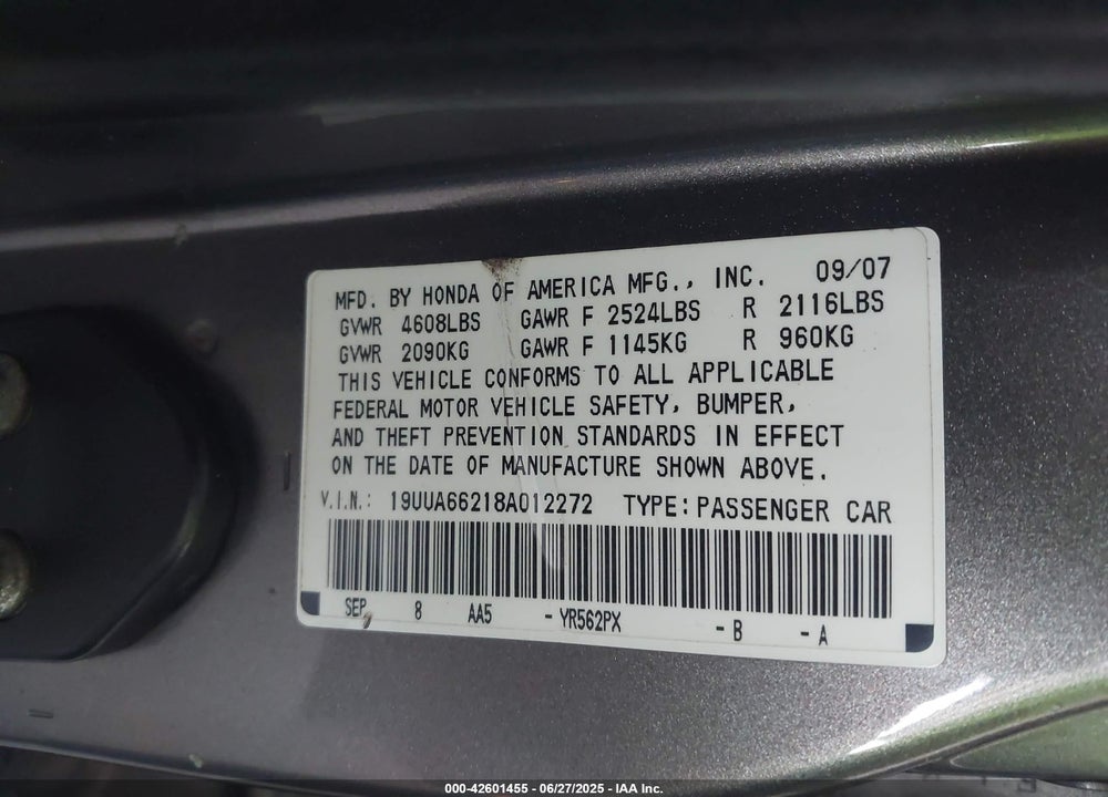 2008 ACURA TL VIN: 19UUA66218A012272