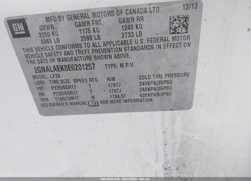 2014 CHEVROLET EQUINOX VIN: 2GNALAEK8E6201257