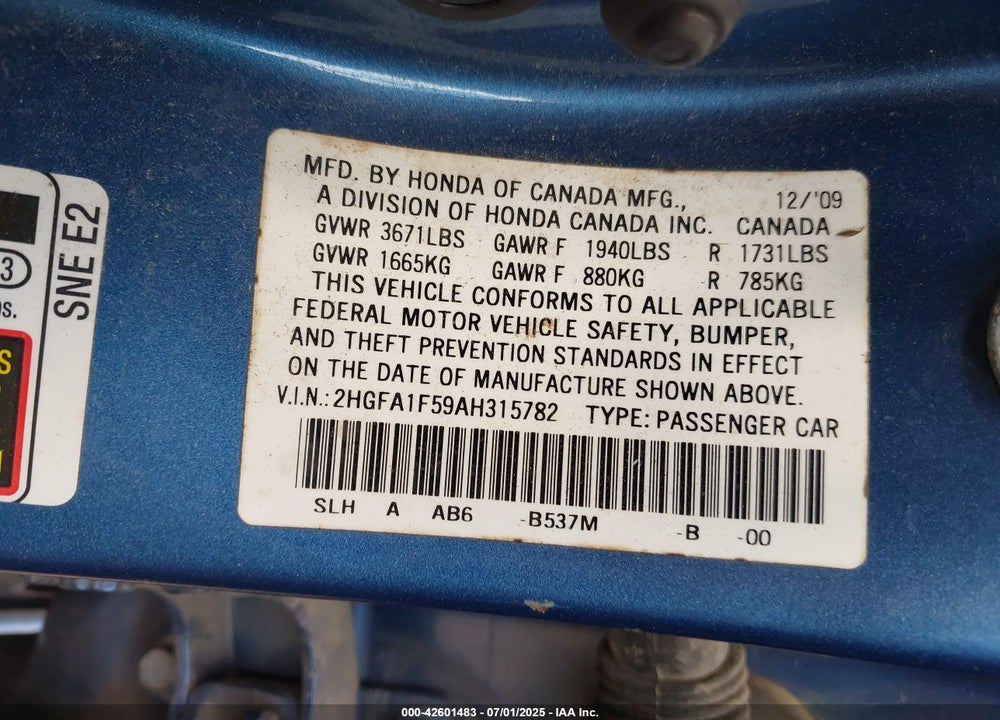 2010 HONDA CIVIC VIN: 2HGFA1F59AH315782