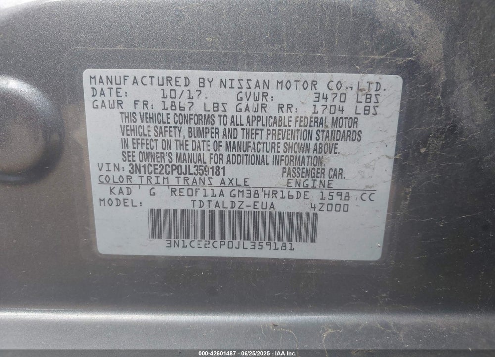 2018 NISSAN VERSA NOTE VIN: 3N1CE2CP0JL359181