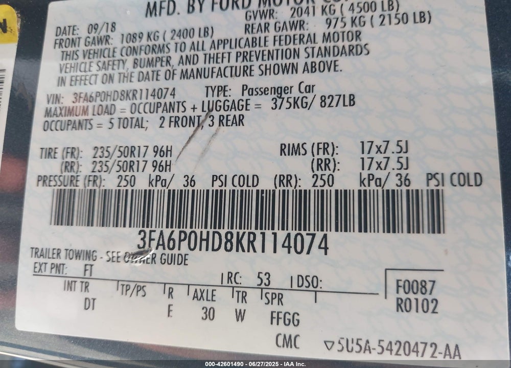 2019 FORD FUSION VIN: 3FA6P0HD8KR114074