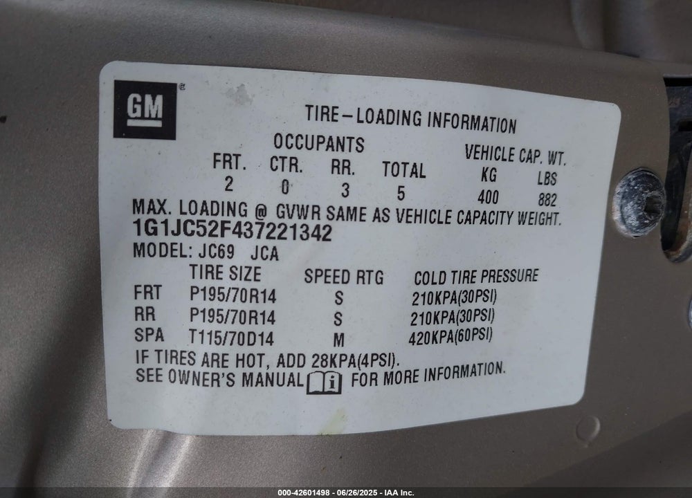 2003 CHEVROLET CAVALIER VIN: 1G1JC52F437221342