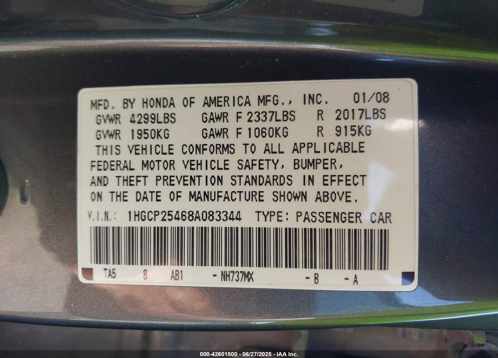2008 HONDA ACCORD 2.4 LX-P VIN: 1HGCP25468A083344