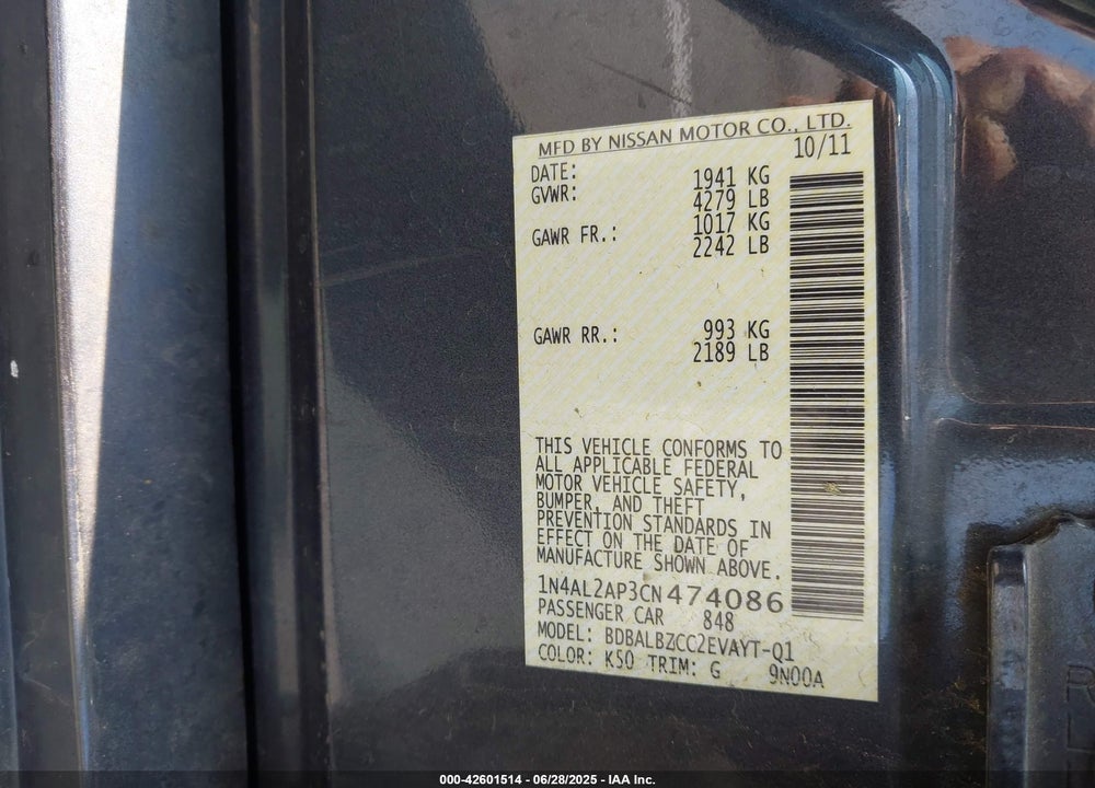 2012 NISSAN ALTIMA VIN: 1N4AL2AP3CN474086